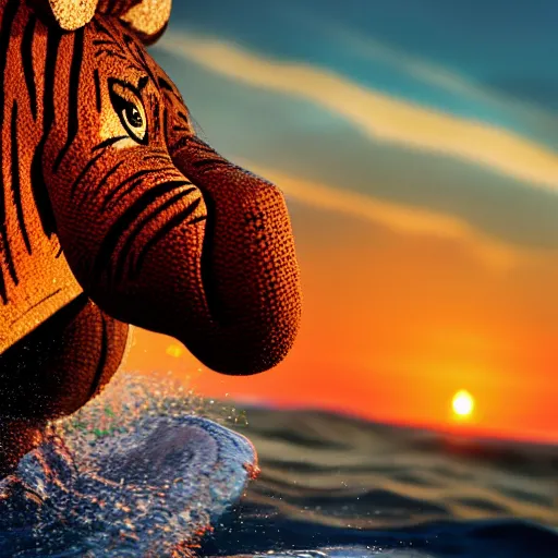 Image similar to a closeup photorealistic photograph of a cute smiling knitted tiger hippopotamus riding an epic wave at sunset. surf in the background. professional capture. brightly lit scene. this 4 k hd image is trending on artstation, featured on behance, well - rendered, extra crisp, features intricate detail, epic composition and the style of unreal engine.