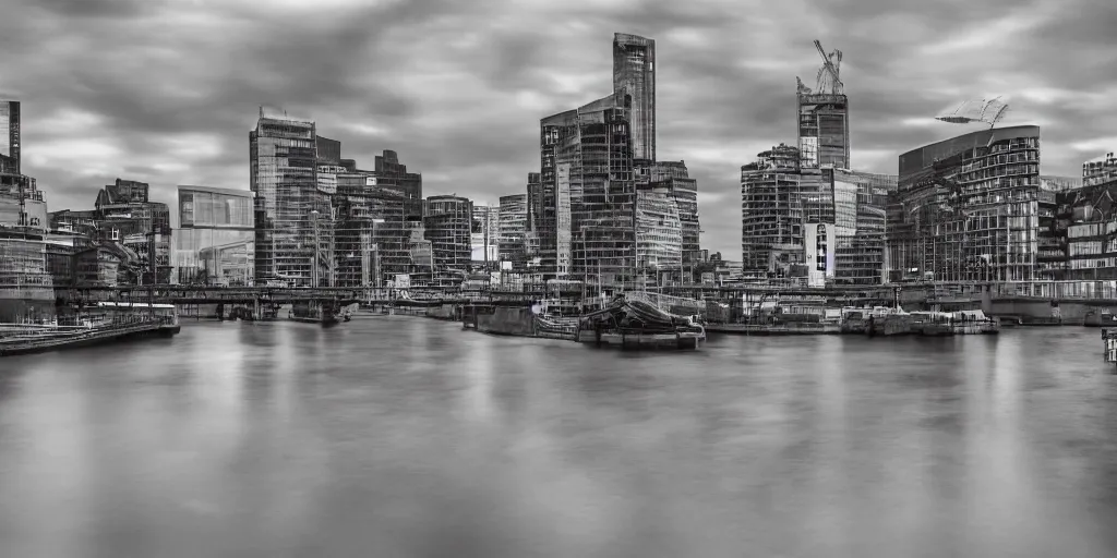 Image similar to docklands in london, night, dimly lit cirrus clouds, long exposure, architecture photography, no hdr, ultrawide image