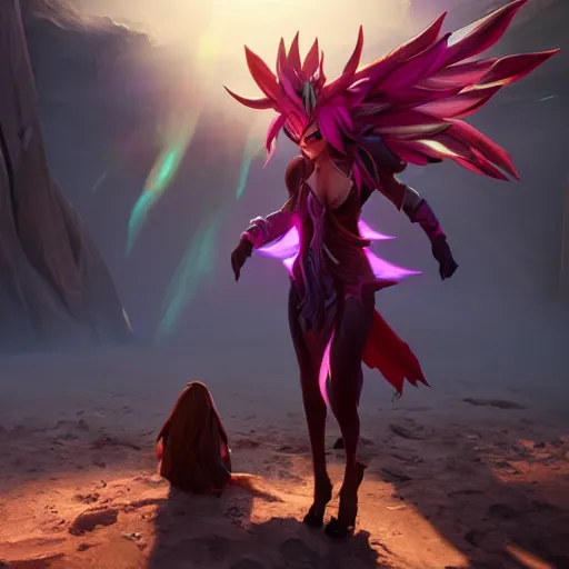 Prompt: xayah and kai'sai, league of legends, unreal engine, by weta digital, 3 - dimensional, rays of shimmering light, best friends