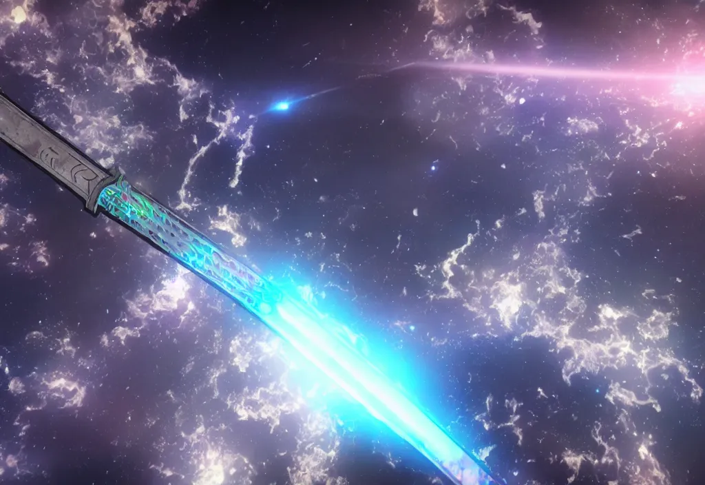 Prompt: a holographic metal sword floating in space reflecting the destruction of the universe, intricate unreal engine 5 creation