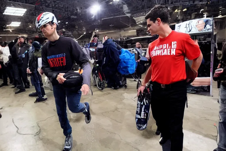 Prompt: Ben shapiro wearing a helmet, knee pads