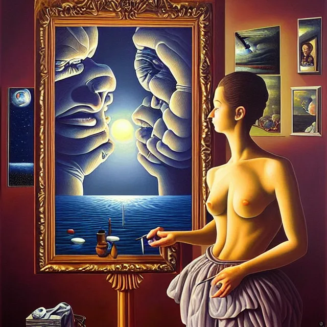 Image similar to an oil on canvas portrait of a man painting a portrait of a beautiful woman surrounded by paintings, surrealism, surrealist, cosmic horror, rob gonsalves, high detail