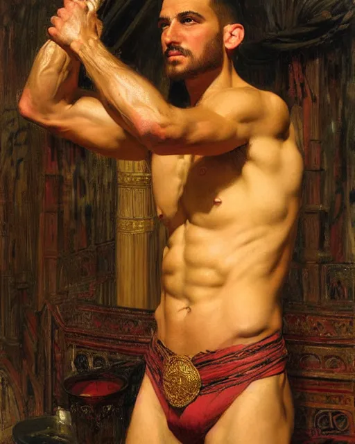 Image similar to muscular male, orientalist intricate portrait by john william waterhouse and edwin longsden long and theodore ralli and nasreddine dinet, oil on canvas. cinematic, hyper realism, dramatic lighting, high detail