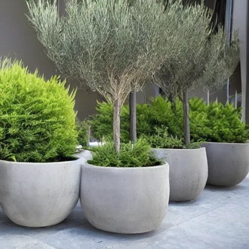 Image similar to creative concrete pots with seatings, olive trees, wpc decking on the floor