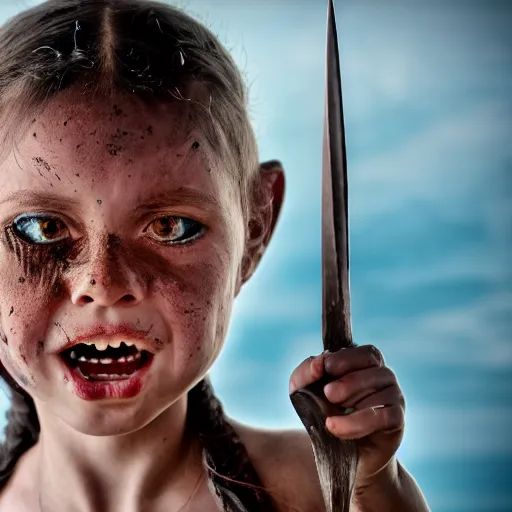 Image similar to a little blue-skinned girl with messy black hair sharp pointed ears freckles along the ridges of her cheeks and sharp pointy teeth, dnd triton, high resolution film still, 4k, HDR colors