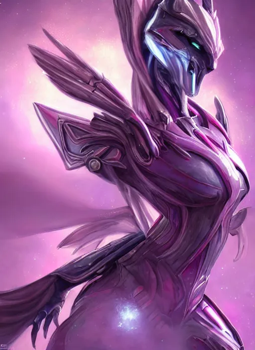 Image similar to cinematic close body, cosmic sized beautiful stunning giant robot mechan hot female dragon goddess, sharp sleek cyborg dragon head, sharp metal ears, smooth purple eyes, smooth fuschia skin, smooth silver armor, nebula, epic proportions, epic scale, macro furry, furry art, dragon art, goddess art, giantess art, warframe, warframe fanart, furaffinity, octane