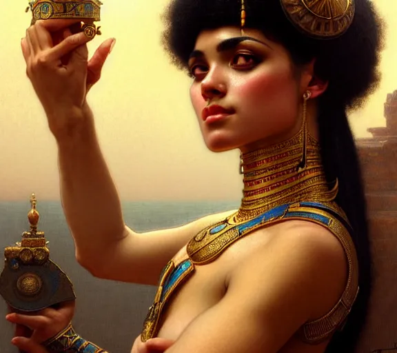 Image similar to photography of sensual cleopatra with hands - up and hairy armpits, deep focus, intricate, elegant, highly detailed, digital painting, artstation, concept art, matte, sharp focus, illustration, art by artgerm and greg rutkowski and alphonse mucha and gil elvgren