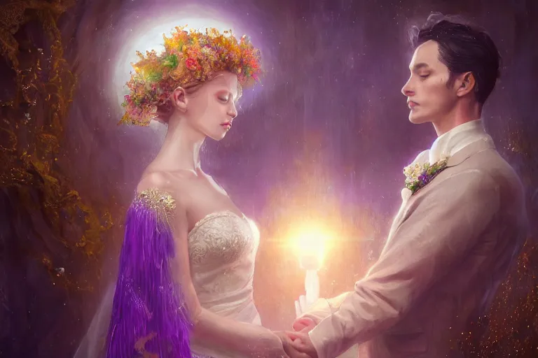 Image similar to a dreamlike cinematic portrait of wedding photograph close up moment of a divine a russian sun god and moon goddess lovers magician at a wedding banquet. portraiture. digital painting. artstation. concept art. fantasy wedding photo. digital painting, 8 k realistic, hyper detailed, violet evergarden art masterpiece by art by krenz cushart