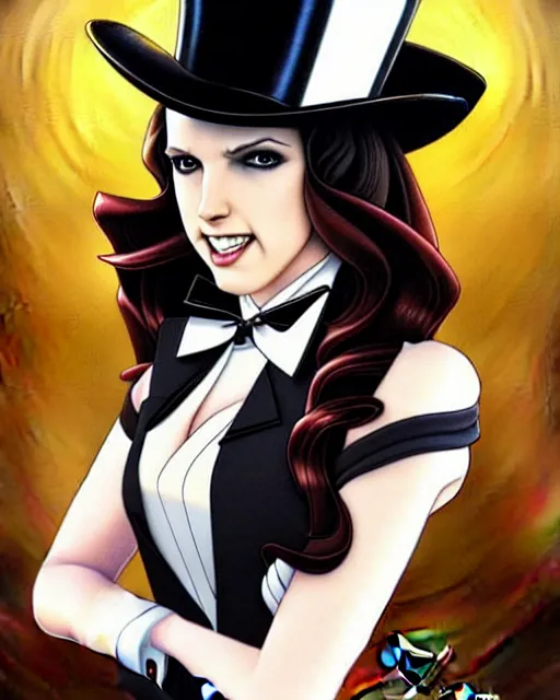 Image similar to beautiful Anna Kendrick Zatanna DC Comics floating on stage, wearing a top hat, symmetrical face symmetrical eyes, smiling, fantasy, intricate details, atmospheric, elegant, concept art, art by artgerm and eiichiro oda, Joshua Middleton art