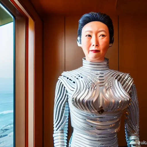 Image similar to dlsr portrait, a detailed high - end expensive luxorious humanoid android robot made out of expensive high - end 8 0's japanese hi - fi equipment, inside the kitchen of a japanese influenced neo - midcentury modern futuristic villa, huge windows showing a rocky california shoreline at golden hour, 4 k, face enhance, ultra - detailed
