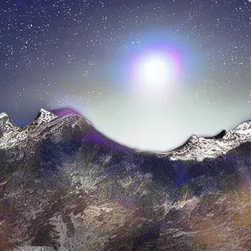 Image similar to the photo shows a large, silver disk - shaped object hovering in the sky above a mountain range. the object appears to be surrounded by a bright, glowing aura. there is no sign of any engines or propulsion system, and the object seems to be completely silent. the photo was taken by a professional photographer