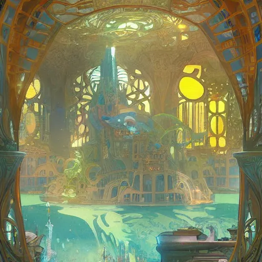 Prompt: a beautiful stunning fantasy matte digital painting of the cityscape of the underwater city of Atlantis, art nouveau, vibrant color palette, by Alphonse Mucha and Tyler Edlin, trending on artstation hq
