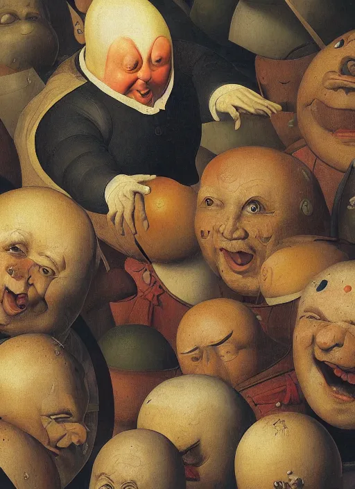 Image similar to full body detailed painting of silly round humpty dumpty with jack black facial expression, realistic, pieter brueghel