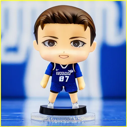 Prompt: luka doncic as nendoroid, blue dress with number 7 7!, kodak film