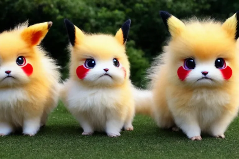 Image similar to real life pokemons, cute!!!, content!!!, mischievous!!!, adorable!!!, little furballs, fluffy!!!, ultra realistic!!!, golden hour, sharp focus