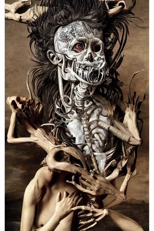 Image similar to Detailed maximalist portrait with large lips and with large white eyes, angry, exasperated expression, skeletal, HD mixed media, 3D collage, highly detailed and intricate, surreal illustration in the style of Caravaggio, dark art, baroque