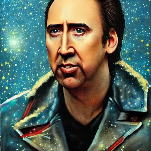 Image similar to nicholas cage amazed expression, cosmic starfield background oil painting masterwork trending on artstation