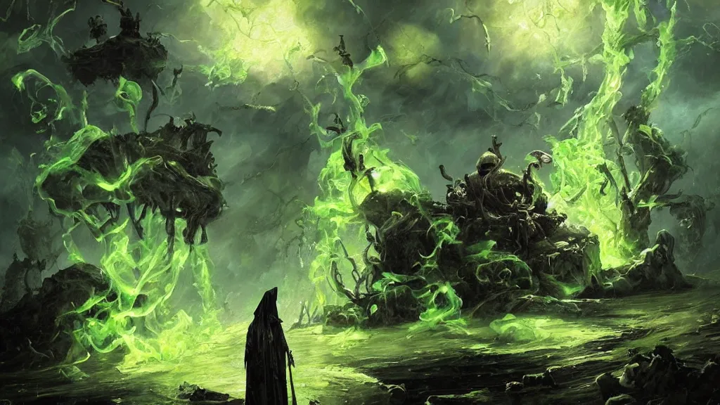 Image similar to A highly detailed oil painting by Greg Rutkowski and Afremov of a skeleton wearing black robes making a potion glowing bright green in a huge bubbling cauldron, highly detailed fantasy concept artwork, very realistic.