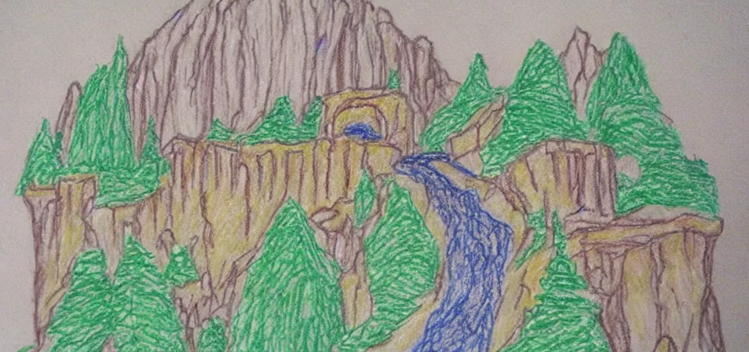 Prompt: Rivendell poorly drawn in wax crayon by a five-year old