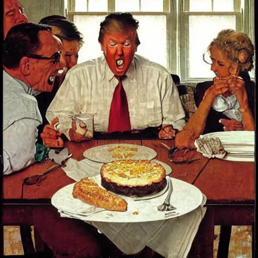 Image similar to donald trump eating a cream pie at a wooden table, he is smiling, artist norman rockwell,