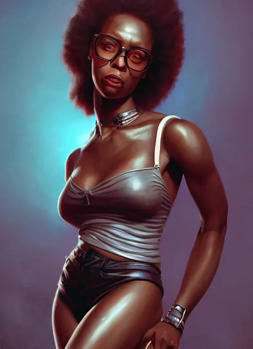 Prompt: a detailed painted portrait of an 9 0's era black female rock musician by artist hadi karimi, wlop, artgerm, greg rutkowski, flirtatious expression, dramatic lowkey studio lighting, accurate skin textures, hyperrealism, aesthetically pleasing and harmonious vintage colors