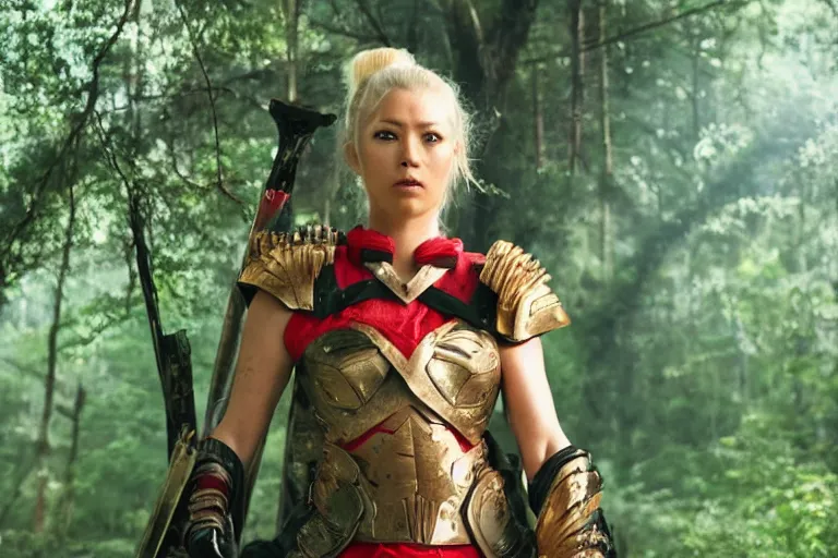 Image similar to vfx movie scene closeup nomad cyborg warrior viking geisha in a smoldering forest. by emmanuel lubezki