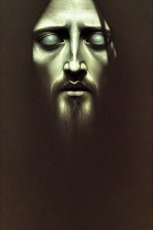 Prompt: jesus portrait, in the style of beksinski, solarpunk, atmospheric, clean, intricate and epic composition, gray by caravaggio, insanely quality, highly detailed, masterpiece, white light, artstation, 4 k