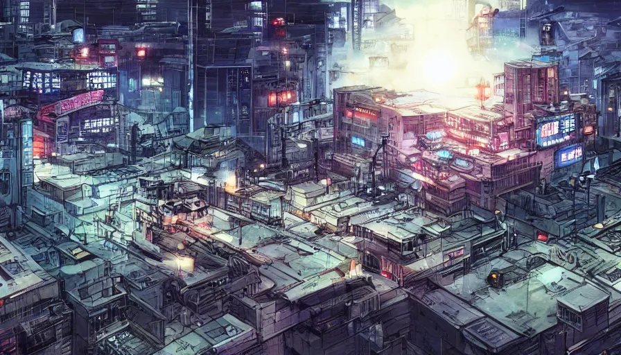 Prompt: Concept Art Illustration of neo-Tokyo Maximum Security Bank, in the Style of Akira, Syndicate Corporation, Anime, Dystopian, Highly Detailed, Helipad, Special Forces Security, Giant Crypto Vault, Docks, Shipping Containers of Money :2 Akira Movie style : 8