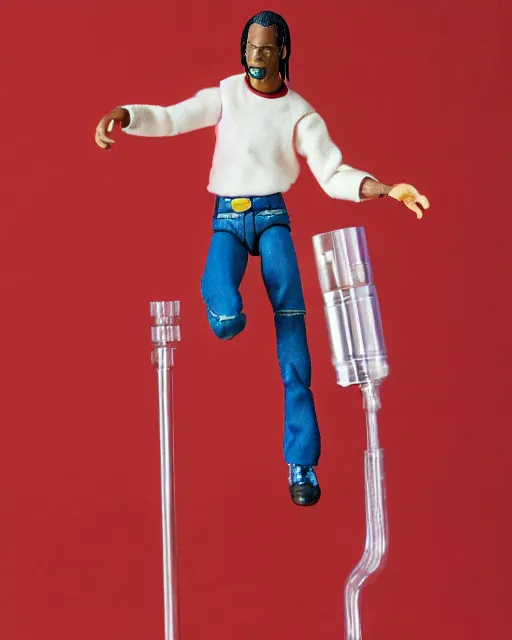 Prompt: 1970s action figure of Travis Scott, product photography, plastic toy, white background, isolated background, studio lighting