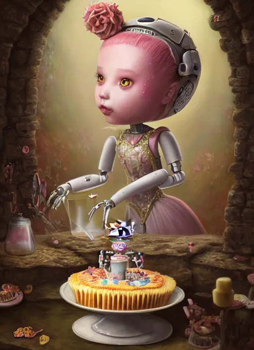 Image similar to highly detailed closeup portrait of a fairytale princess's favorite robot eating cakes in the castle, nicoletta ceccoli, mark ryden, lostfish, earl nore, hyung tae, frank frazetta, global illumination, god rays, detailed and intricate environment