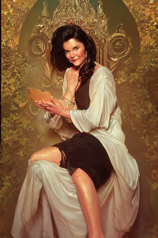 Prompt: young Lynda Carter sitting on a throne, portrait, fantasy, elegant, intricate, by Stanley Artgerm Lau, greg rutkowski, thomas kindkade, alphonse mucha, loish, norman Rockwell