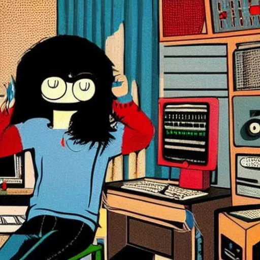 Image similar to a computer nerd in front of computer in cluttered bedroom, by jamie hewlett, small details, aesthetic,