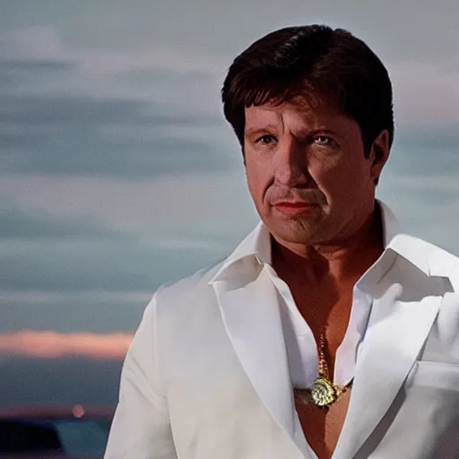 Prompt: a photographic still of Ron DeSantis starring as Tony Montana, cinematic