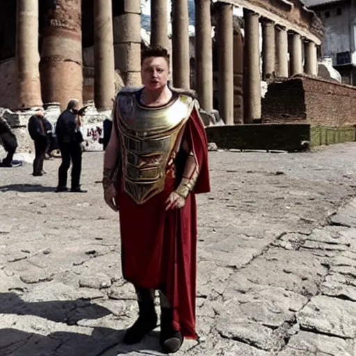 Image similar to elon musk as a roman praetorian in the streets of ancient rome, photograph still