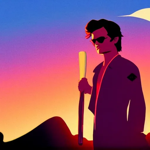 Prompt: steve harrington holding a baseball bat, looking off into the sunset, synthwave style.