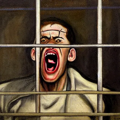 Image similar to a screaming prisoner holding prison bars, realism old painting