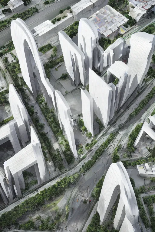 Prompt: several white future office building blocks with chinese xi'an culture, comfortable corridors and platforms, bird's - eye view, in xi'an, china, by paul lehr and john schoenherr and sou fujimoto and gmp and som and oma