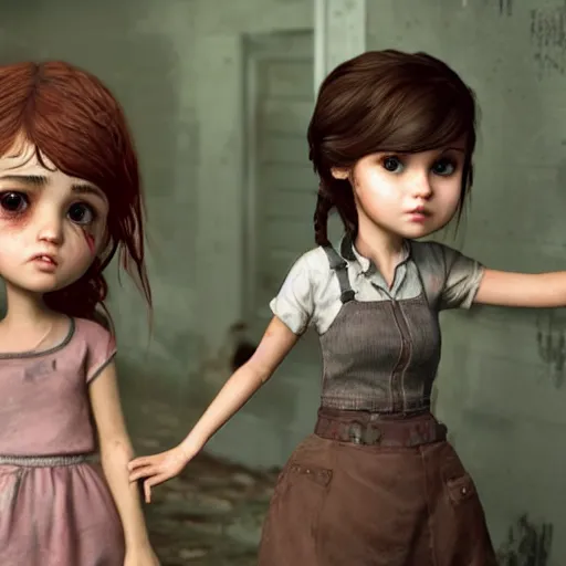 Prompt: Extremely cute and adorable 8k HD key visual of Ellie (The Last of Us) and Selena Gomez posing for the camera in an eerie haunted mansion in a creepy horror movie, official media, designed by Mark Ryden and artgerm and Margaret Keane. The art style is quite chibi, with large heads and big wide eyes. 3D render diorama Macro photography