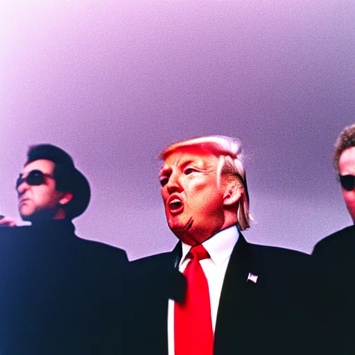 Prompt: photo of Donald Trump in the band Ghost, cinestill, 800t, 35mm, full-HD