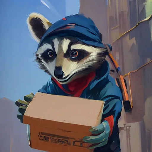 Image similar to greg manchess painting of a trash panda character, holding a box of cables and standing next to old electronic equiptment, medium shot, asymmetrical, profile picture, organic painting, sunny day, matte painting, bold shapes, hard edges, street art, trending on artstation, by huang guangjian and gil elvgren and sachin teng