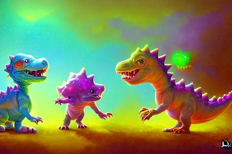 Image similar to pixar designed cute, smiling chibi style baby dinosaurs made entirely out of glowing electrified plasma, having fun inside a psychedelic realm made entirely out of love and acceptance and hypercolors. astral beings sharing love. greg rutkowski and wlop and lisa frank! and ruan jia, illustration, epic, fantasy, hyper detailed, smooth, unreal engine, sharp focus, ray tracing