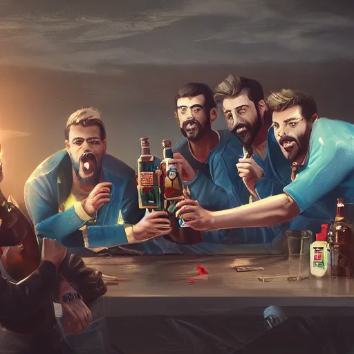 Image similar to Cracking open a cold one with the boys. High resolution. Highly detailed. Trending on art station. 4k. Dramatic.