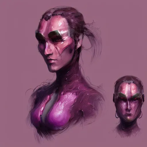 Image similar to character design sketch humanoid by ahmet atil akar, concept art character, cyberpunk fashion, with body made of purple lava and fire, profile portrait, marvelous designer, fantasy, painted, 4 k, high detail, sharp focus, trending in artstation