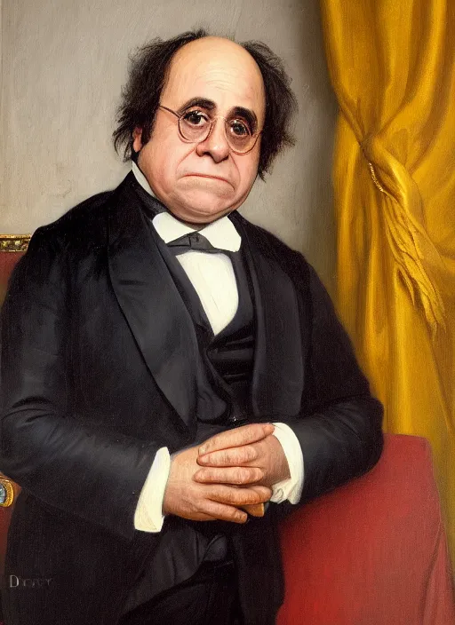 Prompt: portrait of the united states president, 1 8 6 7, danny devito. standing in the oval office. oil on canvas by william sidney mount, trending on artstation