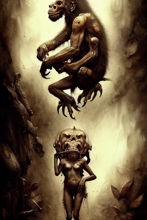 Image similar to ape demon | esoteric symbolism | jean - baptiste monge, esao andrews, bastien lecouffe - deharme, tim jacobus, ken currie | ultra - detailed realism, soft cinematic lighting, hi - fructose, artstation, high - quality, ink watercolors wes anderson poster art