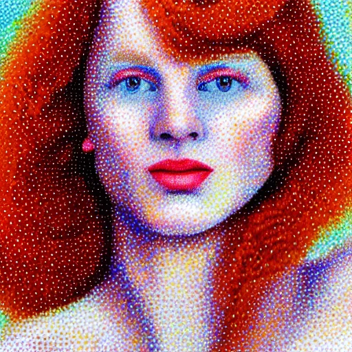 Prompt: beautiful redhead woman, pointillism, closeup
