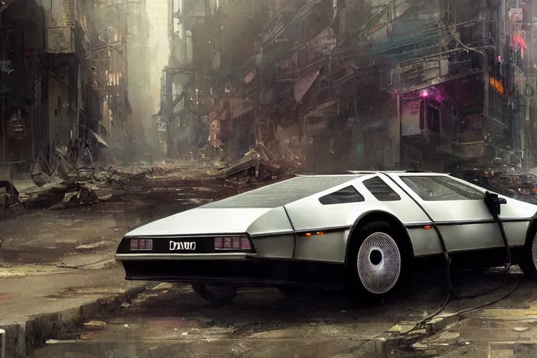 Image similar to photograph of the delorean, with a sleek spoiler, driving down the streets of a cyberpunk abandoned city, by greg rutkowski, by stanley artgerm, by alphonse mucha