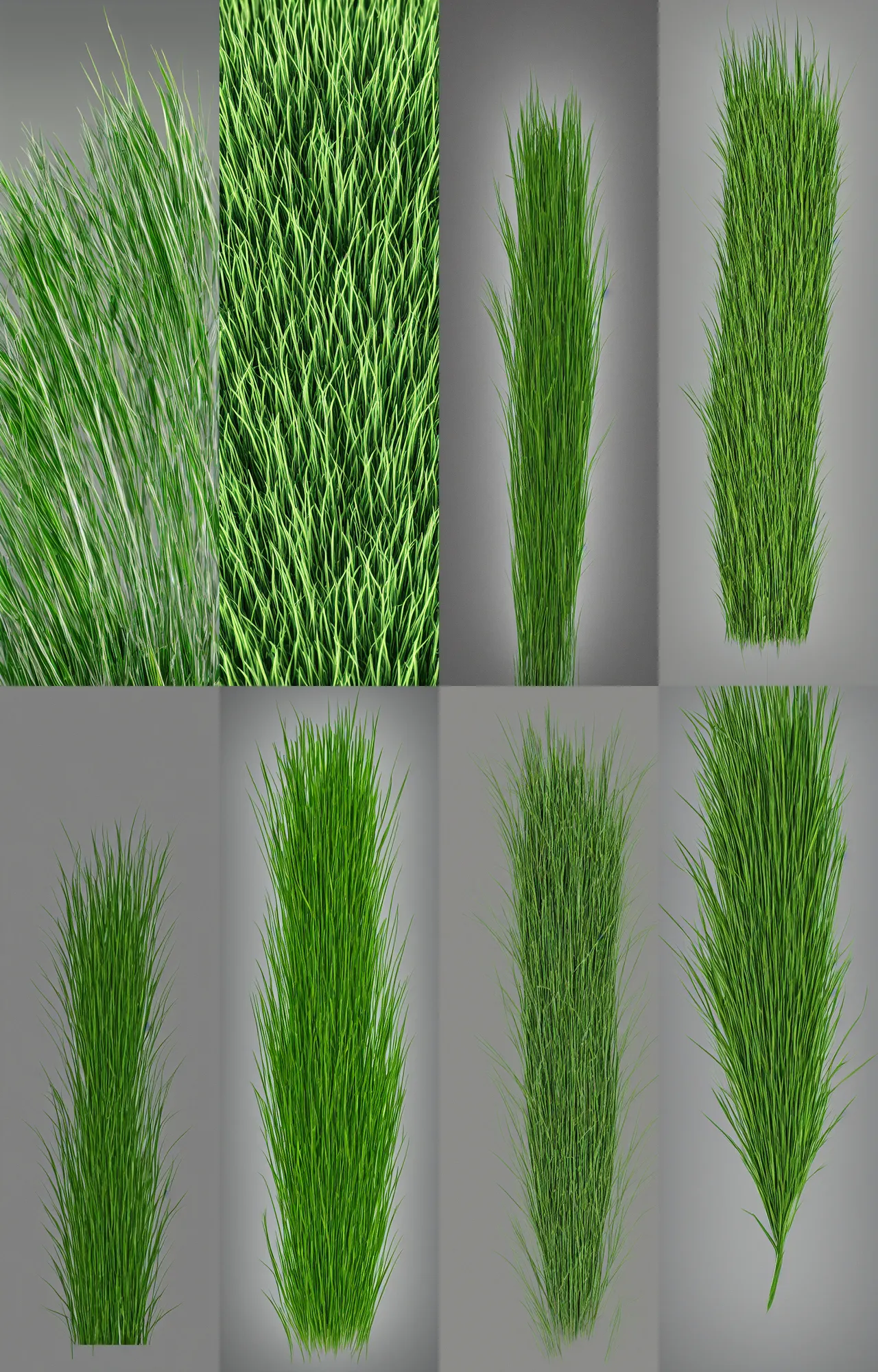 Prompt: front view of one blade of grass, uniform grey background, realistic rendering, 8k