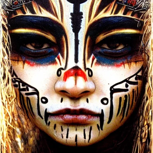 Image similar to portrait of yanomami girl with tribal face painting in rainforest by Luis Royo