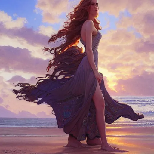 Prompt: beautiful ,allison williams standing in front of a beach, intricate, stunning, highly detailed, digital painting, artstation, concept art, smooth, sharp, focus, illustration, art by artgerm and greg rutkowski and alphonse mucha